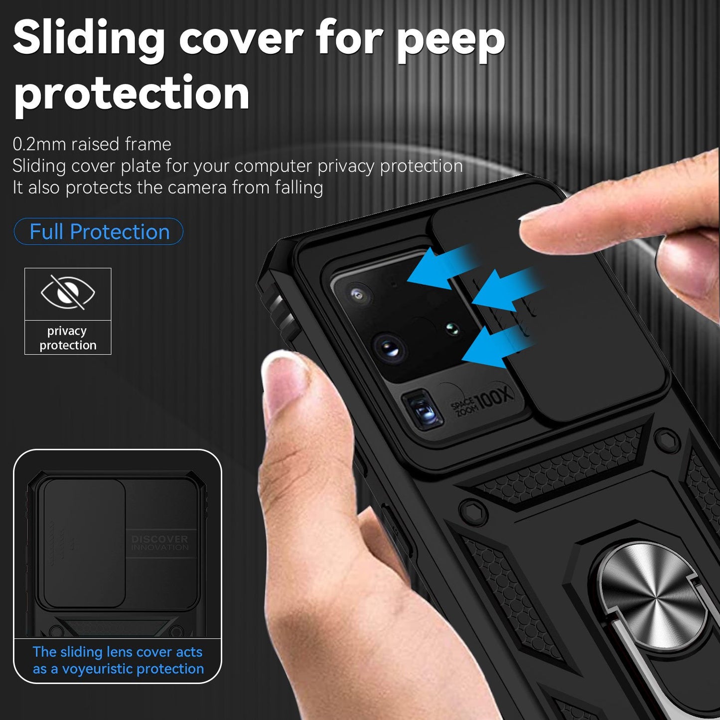 Hard PC + Soft TPU Phone Case for Samsung Galaxy S20 Ultra, Metal Ring Kickstand Anti-drop Cover with Slide Camera Protection - Black