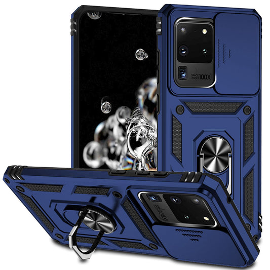 Hard PC + Soft TPU Phone Case for Samsung Galaxy S20 Ultra, Metal Ring Kickstand Anti-drop Cover with Slide Camera Protection - Blue