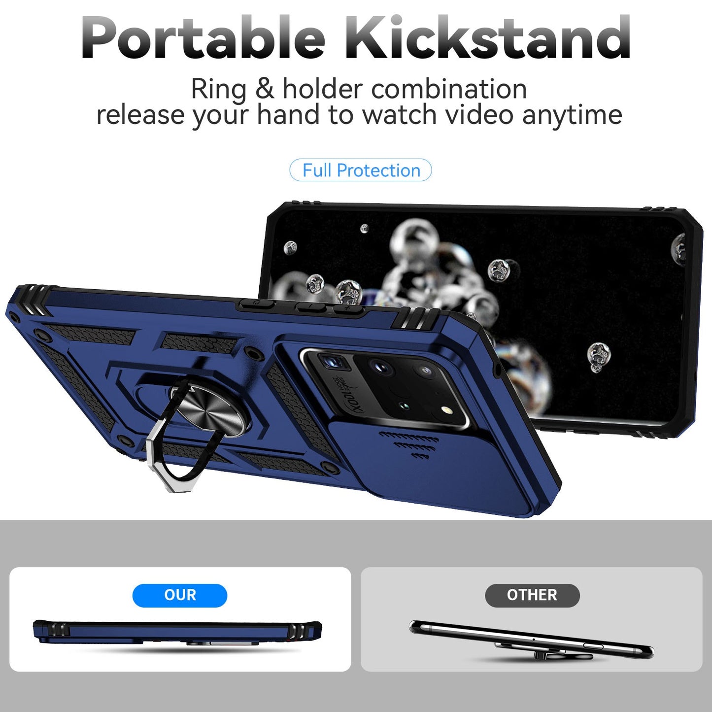Hard PC + Soft TPU Phone Case for Samsung Galaxy S20 Ultra, Metal Ring Kickstand Anti-drop Cover with Slide Camera Protection - Blue