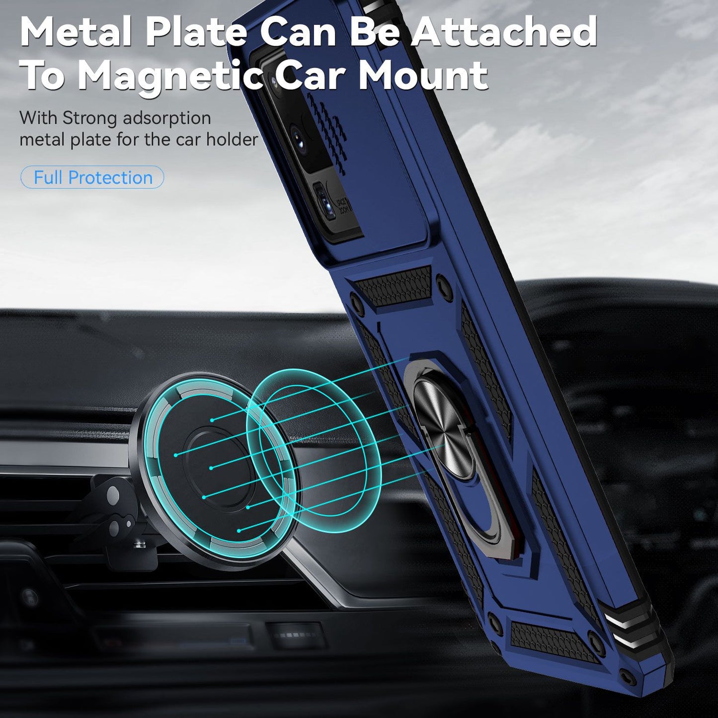 Hard PC + Soft TPU Phone Case for Samsung Galaxy S20 Ultra, Metal Ring Kickstand Anti-drop Cover with Slide Camera Protection - Blue
