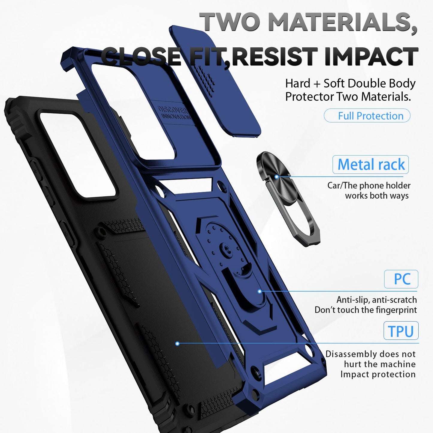 Hard PC + Soft TPU Phone Case for Samsung Galaxy S20 Ultra, Metal Ring Kickstand Anti-drop Cover with Slide Camera Protection - Blue