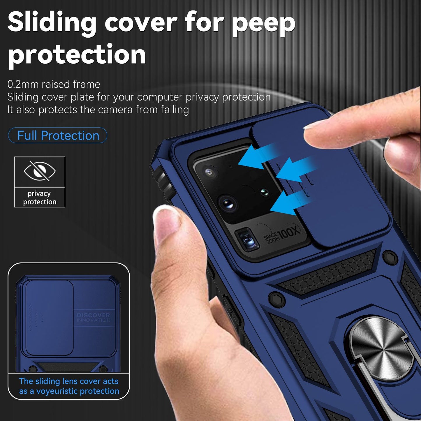 Hard PC + Soft TPU Phone Case for Samsung Galaxy S20 Ultra, Metal Ring Kickstand Anti-drop Cover with Slide Camera Protection - Blue