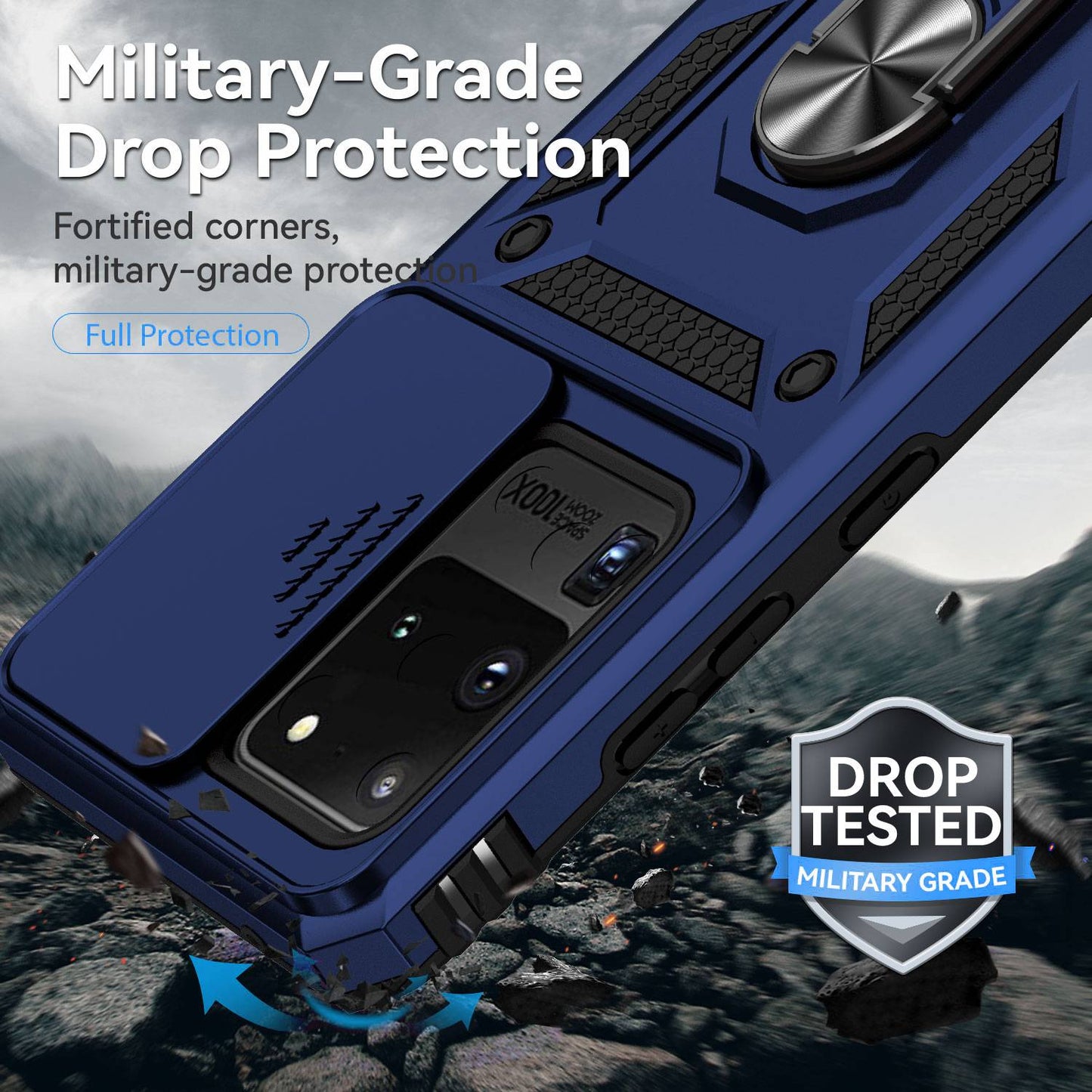 Hard PC + Soft TPU Phone Case for Samsung Galaxy S20 Ultra, Metal Ring Kickstand Anti-drop Cover with Slide Camera Protection - Blue