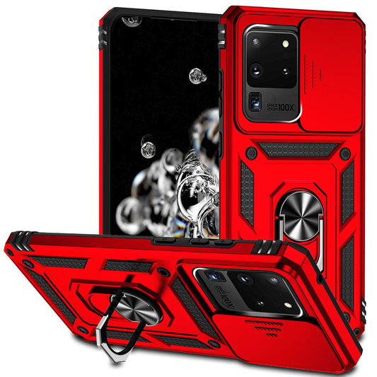 Hard PC + Soft TPU Phone Case for Samsung Galaxy S20 Ultra, Metal Ring Kickstand Anti-drop Cover with Slide Camera Protection - Red