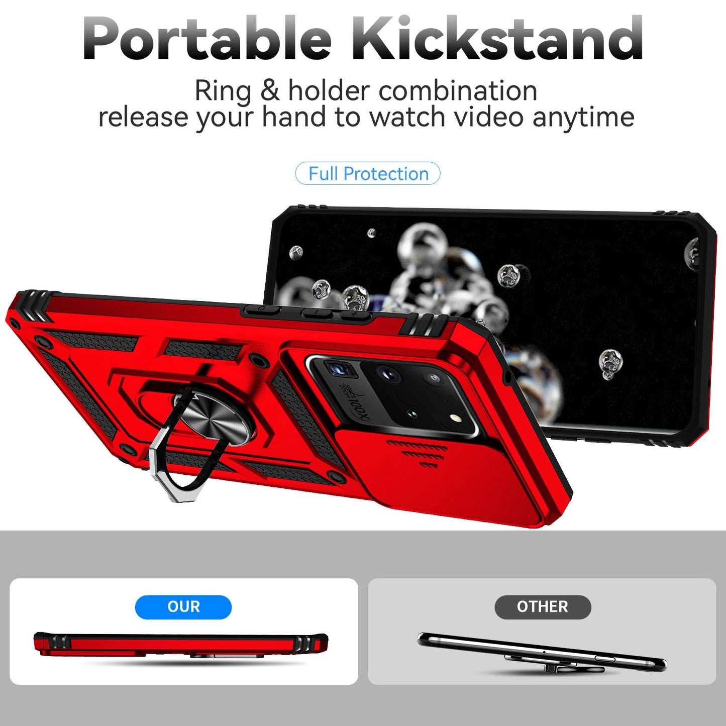 Hard PC + Soft TPU Phone Case for Samsung Galaxy S20 Ultra, Metal Ring Kickstand Anti-drop Cover with Slide Camera Protection - Red