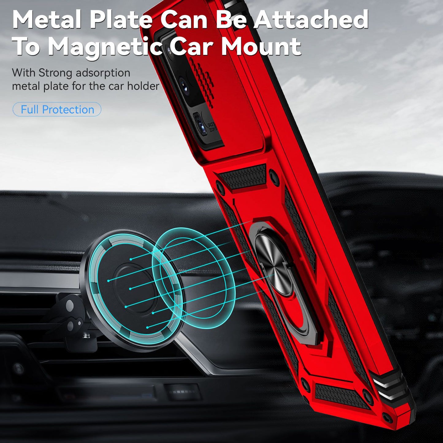 Hard PC + Soft TPU Phone Case for Samsung Galaxy S20 Ultra, Metal Ring Kickstand Anti-drop Cover with Slide Camera Protection - Red