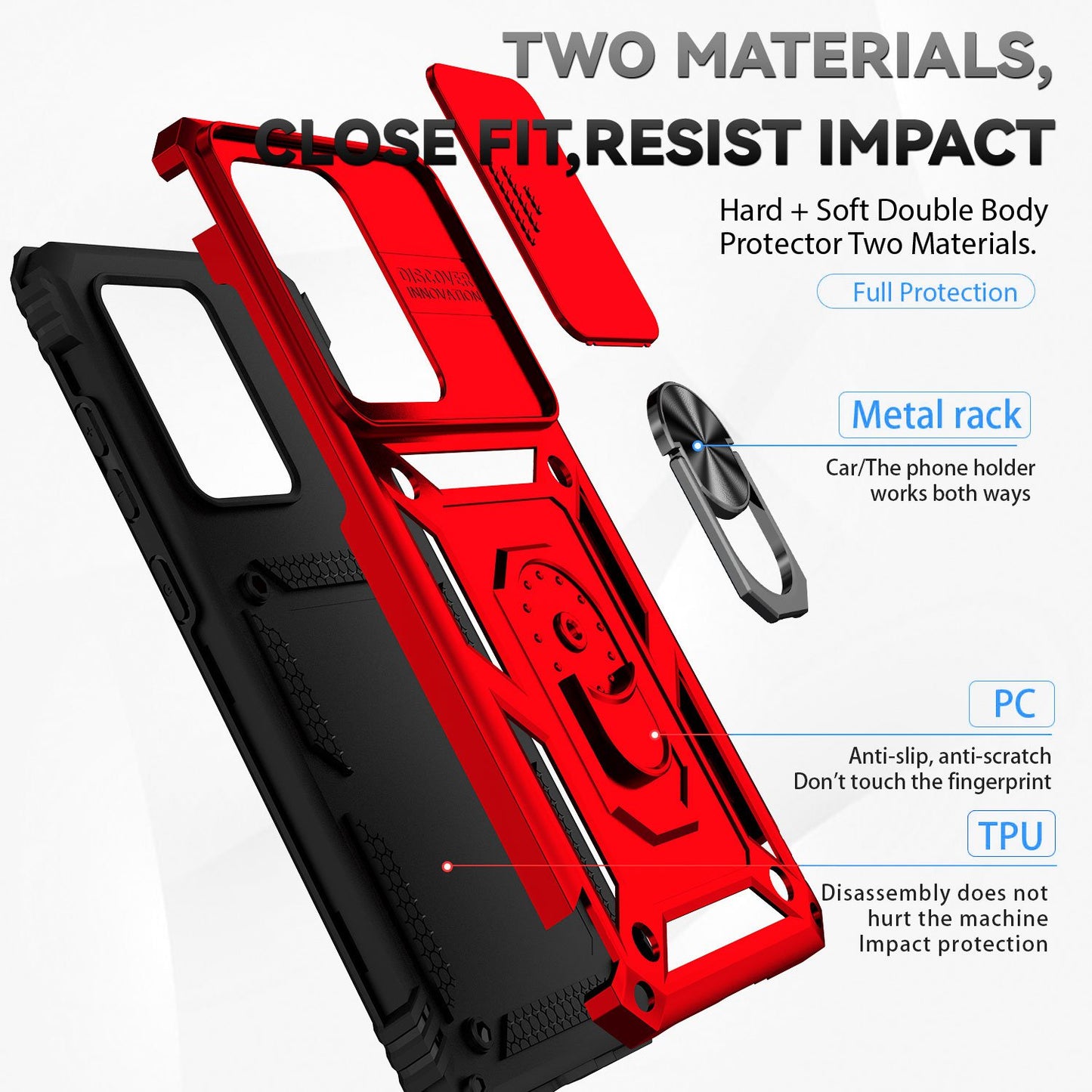 Hard PC + Soft TPU Phone Case for Samsung Galaxy S20 Ultra, Metal Ring Kickstand Anti-drop Cover with Slide Camera Protection - Red