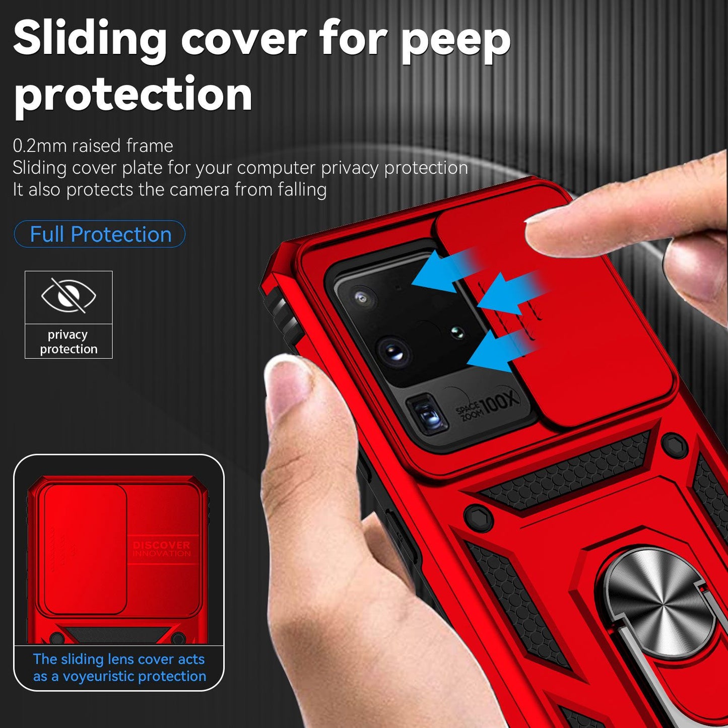 Hard PC + Soft TPU Phone Case for Samsung Galaxy S20 Ultra, Metal Ring Kickstand Anti-drop Cover with Slide Camera Protection - Red