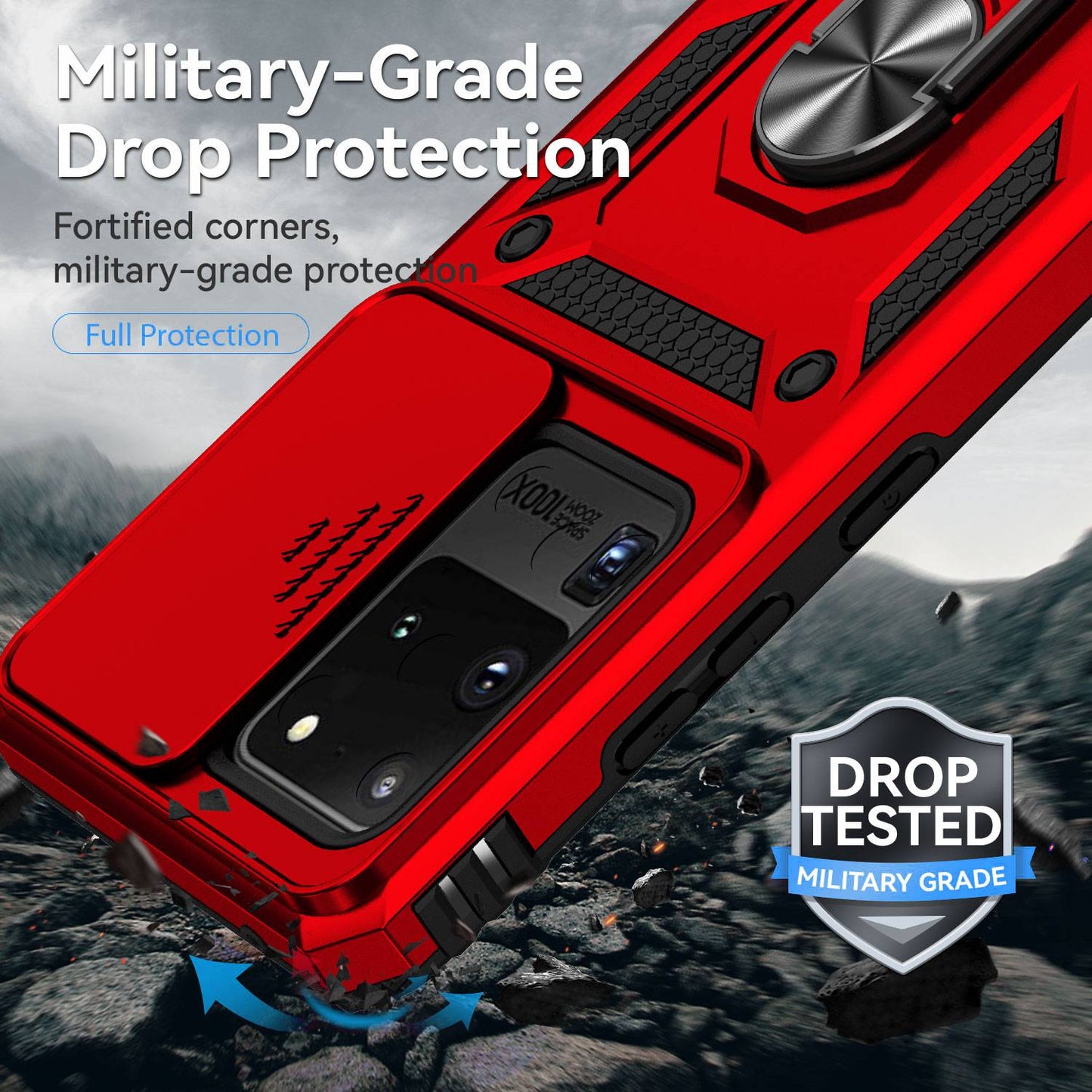 Hard PC + Soft TPU Phone Case for Samsung Galaxy S20 Ultra, Metal Ring Kickstand Anti-drop Cover with Slide Camera Protection - Red