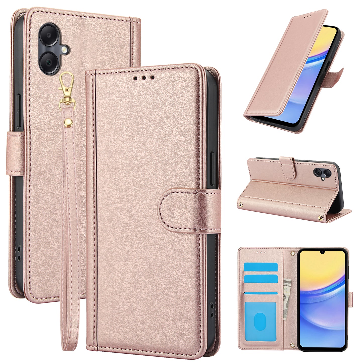 SY-003 For Samsung Galaxy A06 Case PU Leather Stand View Phone Wallet Cover with Hand Strap - Pink