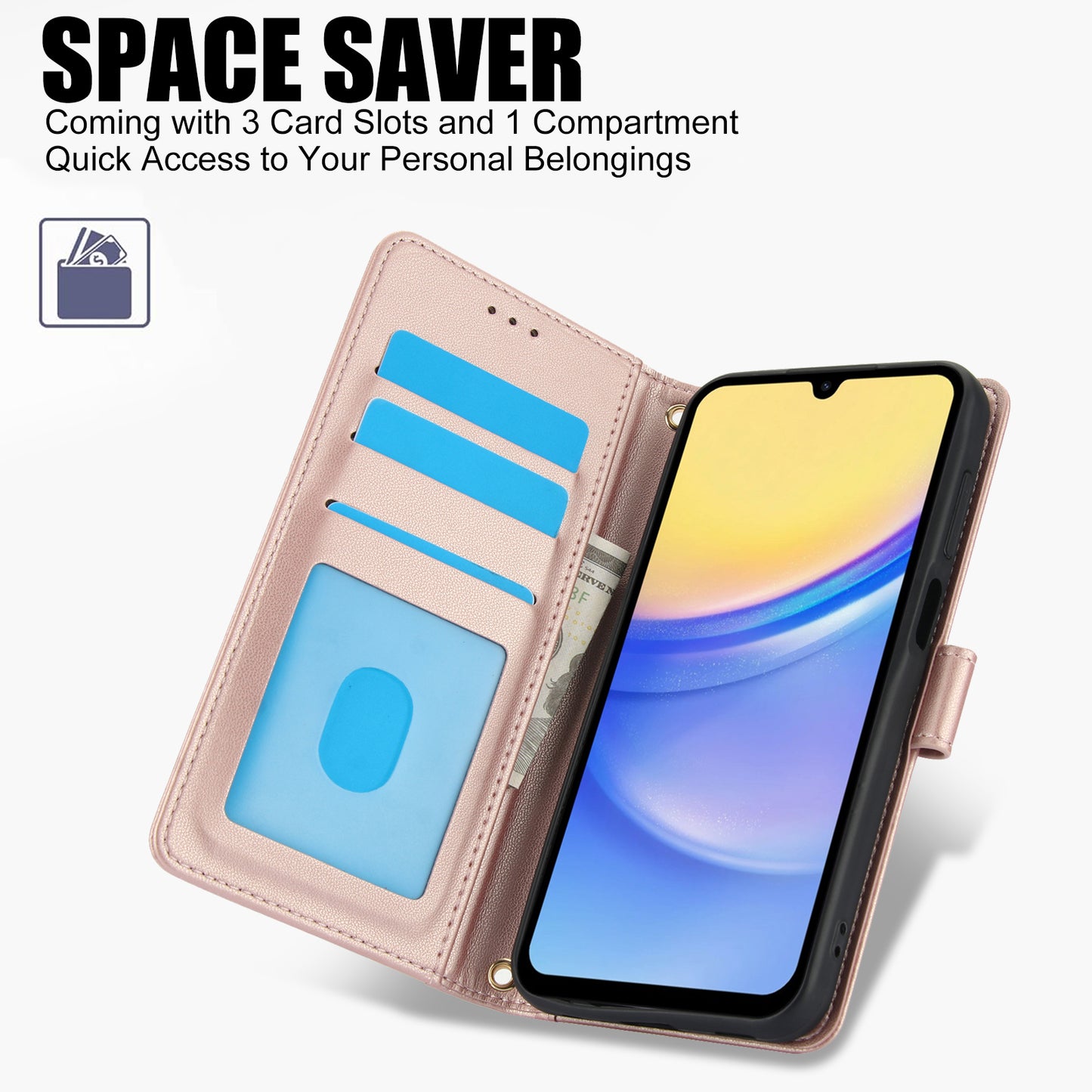 SY-003 For Samsung Galaxy A06 Case PU Leather Stand View Phone Wallet Cover with Hand Strap - Pink