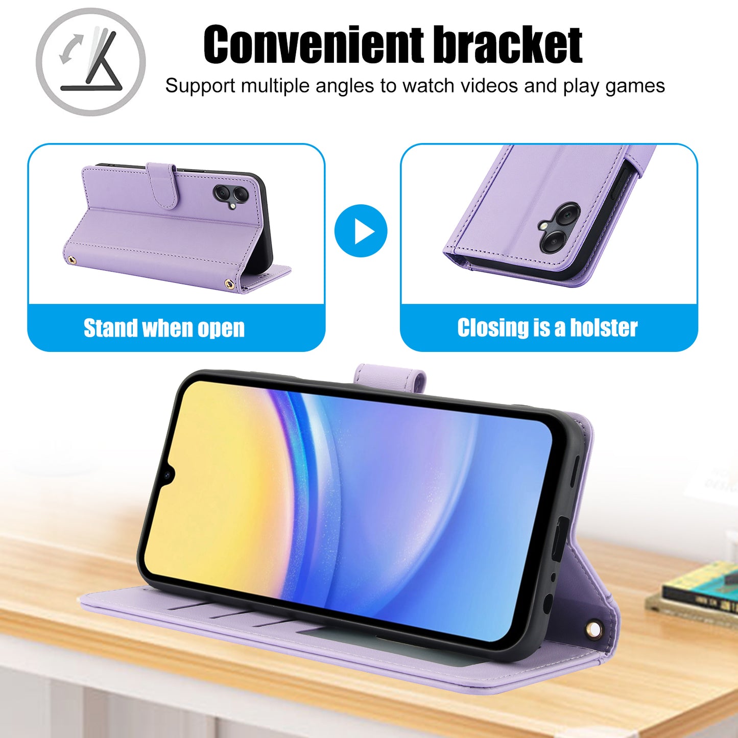 SY-003 For Samsung Galaxy A06 Case PU Leather Stand View Phone Wallet Cover with Hand Strap - Purple
