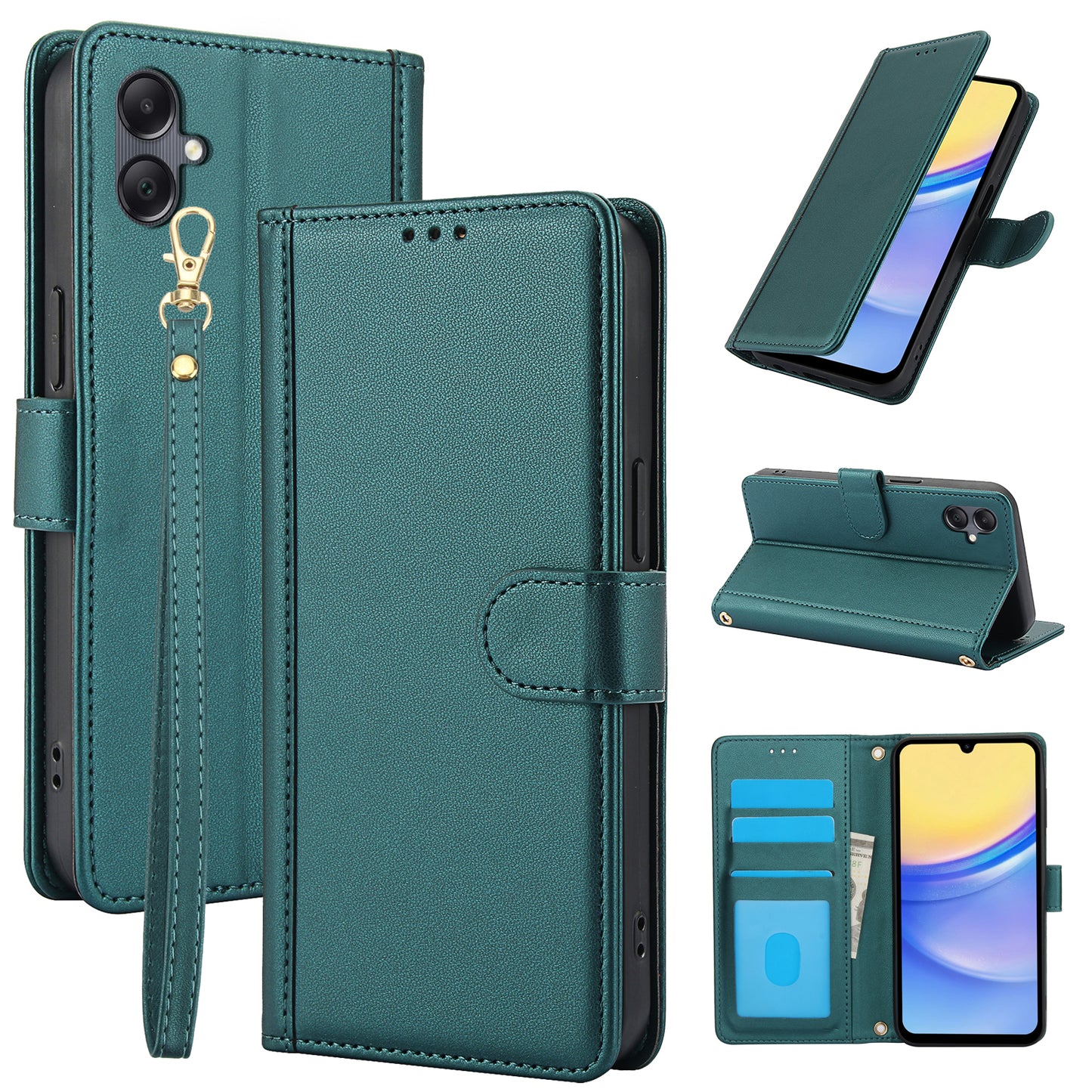 SY-003 For Samsung Galaxy A06 Case PU Leather Stand View Phone Wallet Cover with Hand Strap - Green