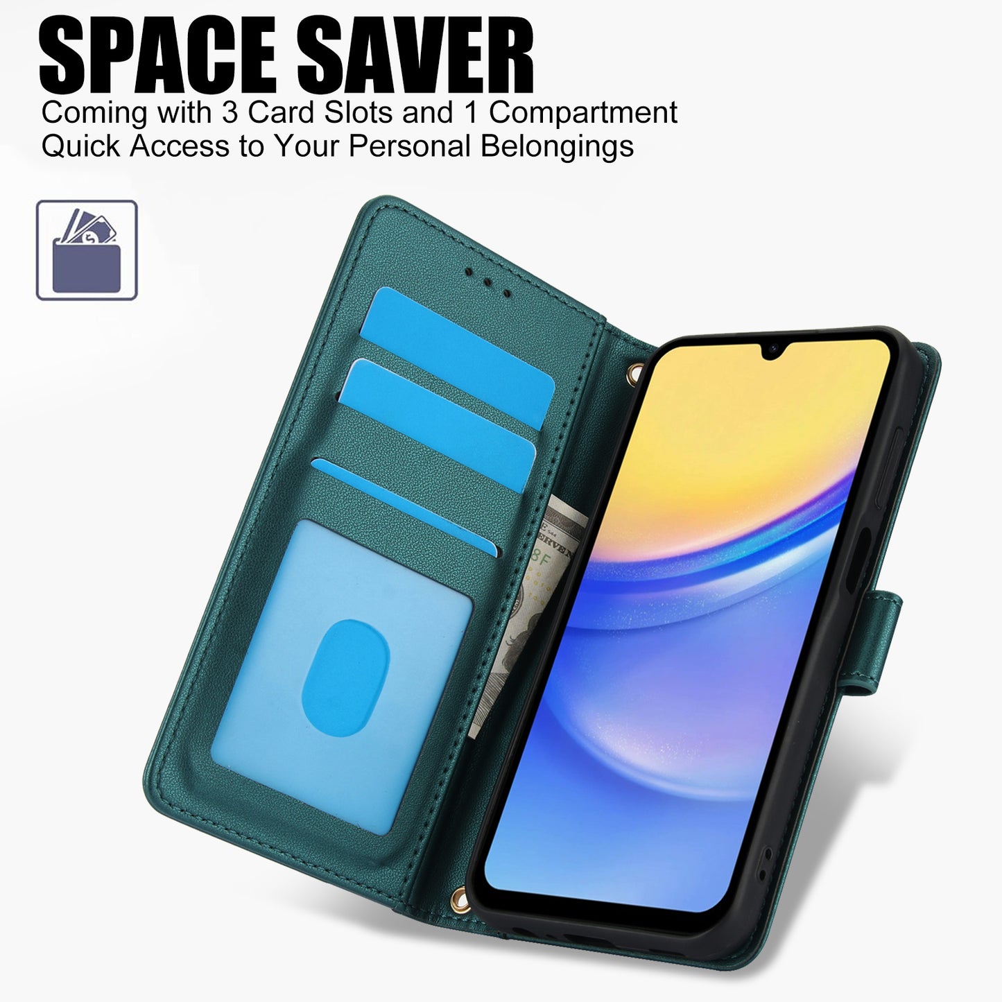 SY-003 For Samsung Galaxy A06 Case PU Leather Stand View Phone Wallet Cover with Hand Strap - Green