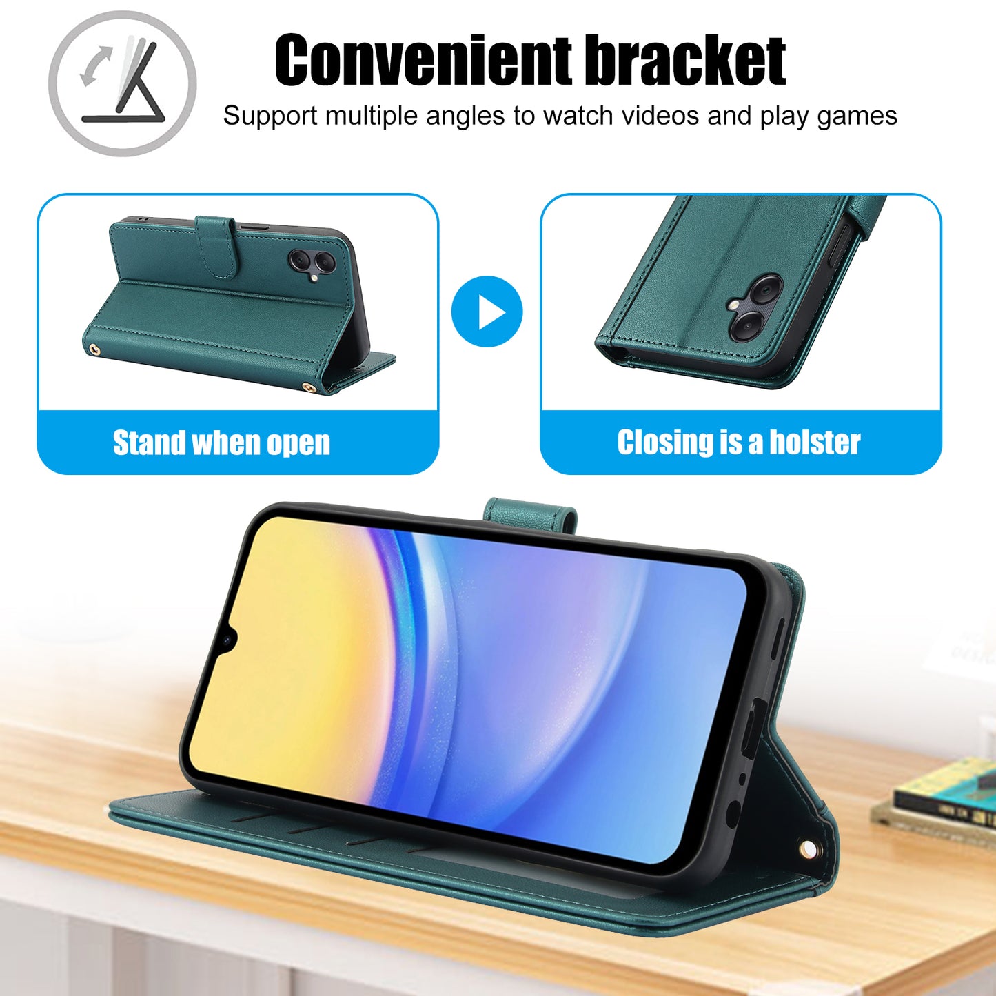 SY-003 For Samsung Galaxy A06 Case PU Leather Stand View Phone Wallet Cover with Hand Strap - Green