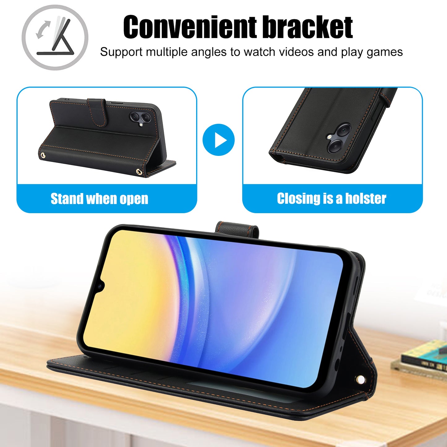 SY-003 For Samsung Galaxy A06 Case PU Leather Stand View Phone Wallet Cover with Hand Strap - Black