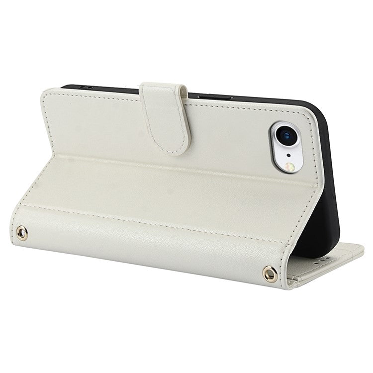 SY-003 For iPhone 16e Case PU Leather Stand View Phone Wallet Cover with Hand Strap - White