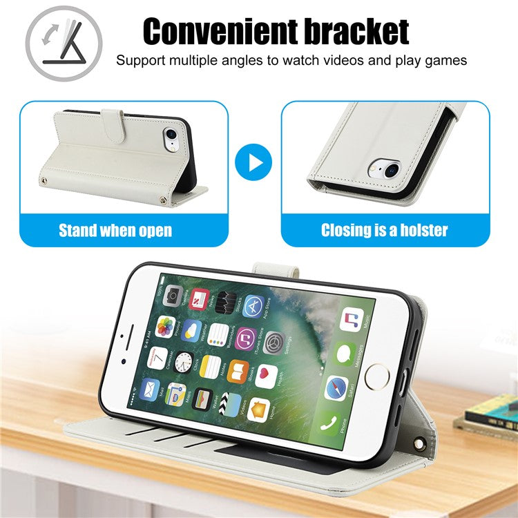 SY-003 For iPhone 16e Case PU Leather Stand View Phone Wallet Cover with Hand Strap - White