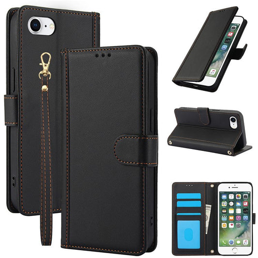 SY-003 For iPhone 16e Case PU Leather Stand View Phone Wallet Cover with Hand Strap - Black