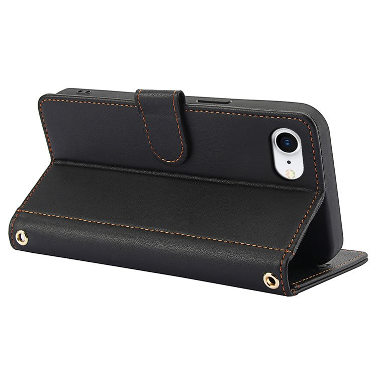 SY-003 For iPhone 16e Case PU Leather Stand View Phone Wallet Cover with Hand Strap - Black