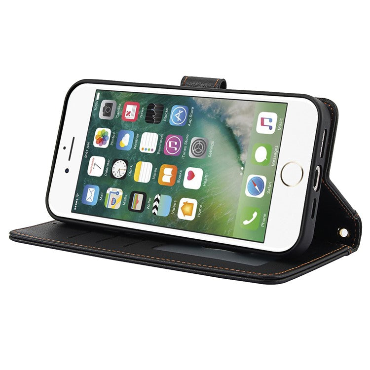 SY-003 For iPhone 16e Case PU Leather Stand View Phone Wallet Cover with Hand Strap - Black