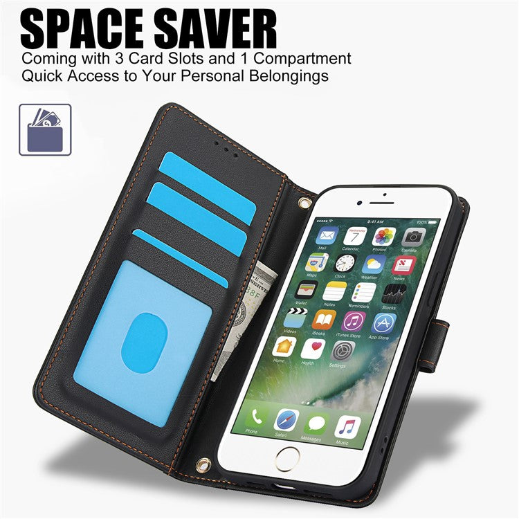 SY-003 For iPhone 16e Case PU Leather Stand View Phone Wallet Cover with Hand Strap - Black