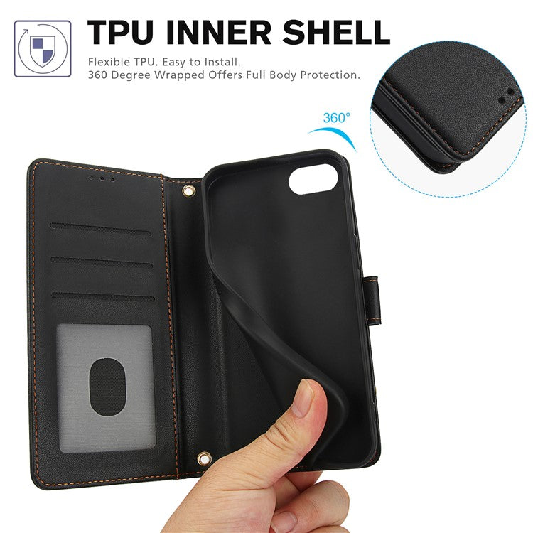 SY-003 For iPhone 16e Case PU Leather Stand View Phone Wallet Cover with Hand Strap - Black