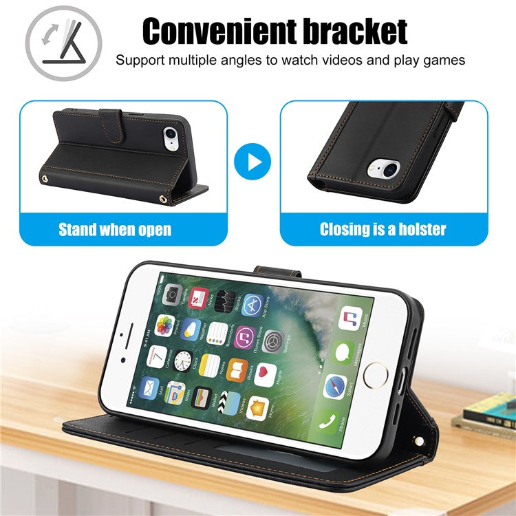 SY-003 For iPhone 16e Case PU Leather Stand View Phone Wallet Cover with Hand Strap - Black