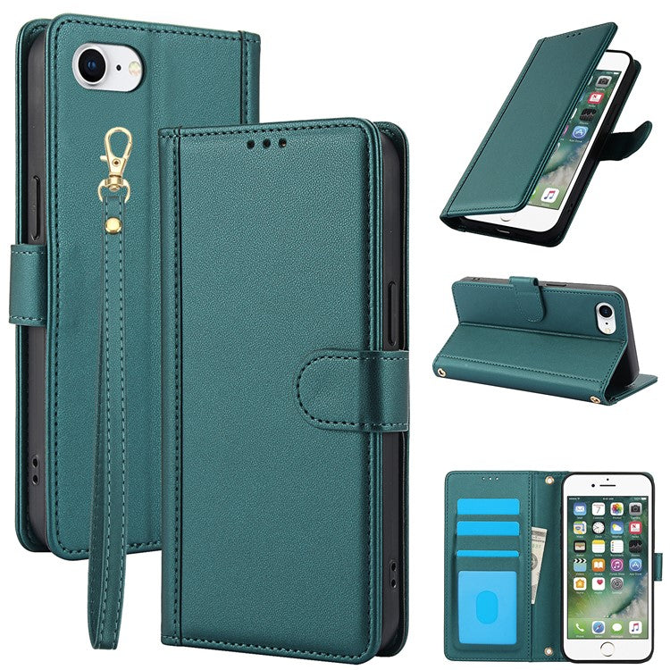 SY-003 For iPhone 16e Case PU Leather Stand View Phone Wallet Cover with Hand Strap - Green