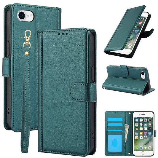 SY-003 For iPhone 16e Case PU Leather Stand View Phone Wallet Cover with Hand Strap - Green