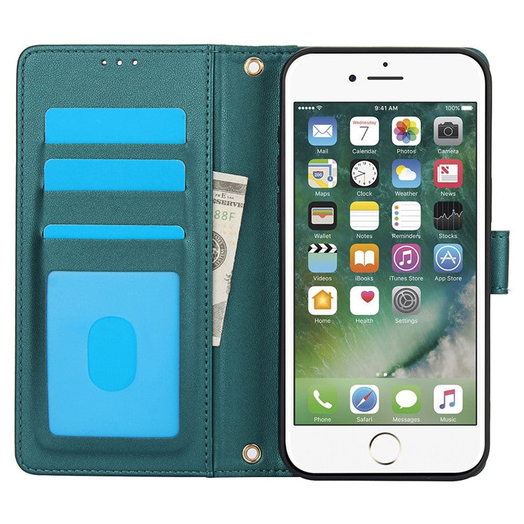 SY-003 For iPhone 16e Case PU Leather Stand View Phone Wallet Cover with Hand Strap - Green