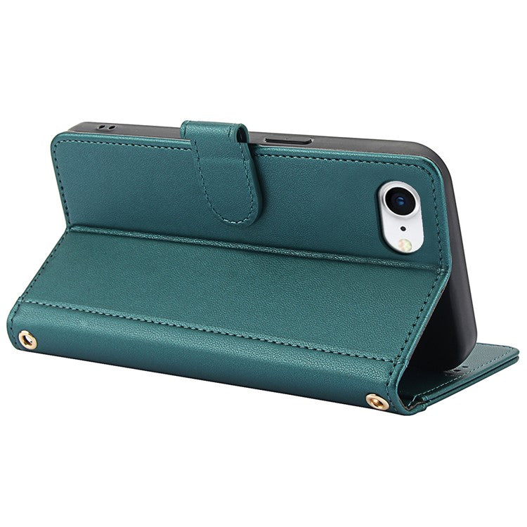 SY-003 For iPhone 16e Case PU Leather Stand View Phone Wallet Cover with Hand Strap - Green