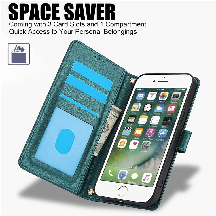 SY-003 For iPhone 16e Case PU Leather Stand View Phone Wallet Cover with Hand Strap - Green