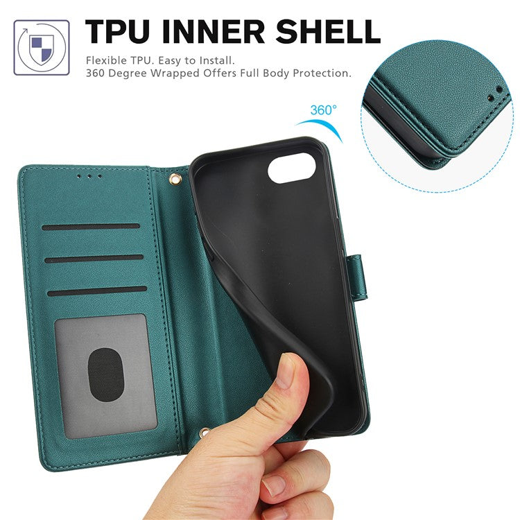 SY-003 For iPhone 16e Case PU Leather Stand View Phone Wallet Cover with Hand Strap - Green