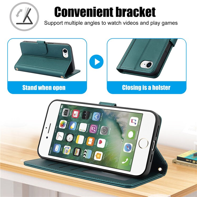 SY-003 For iPhone 16e Case PU Leather Stand View Phone Wallet Cover with Hand Strap - Green