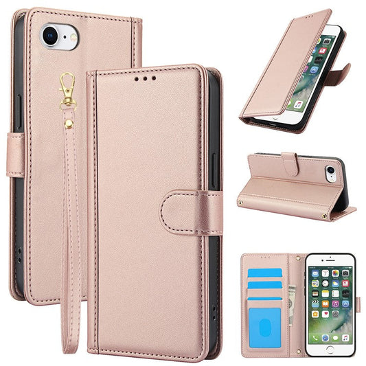 SY-003 For iPhone 16e Case PU Leather Stand View Phone Wallet Cover with Hand Strap - Pink