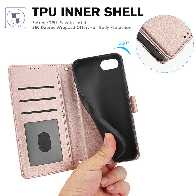 SY-003 For iPhone 16e Case PU Leather Stand View Phone Wallet Cover with Hand Strap - Pink