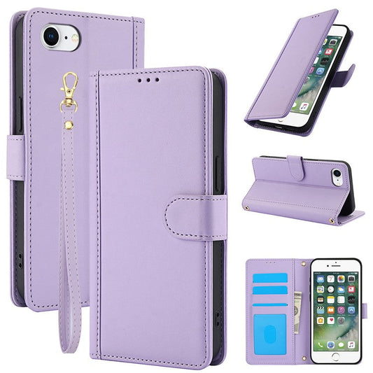 SY-003 For iPhone 16e Case PU Leather Stand View Phone Wallet Cover with Hand Strap - Purple