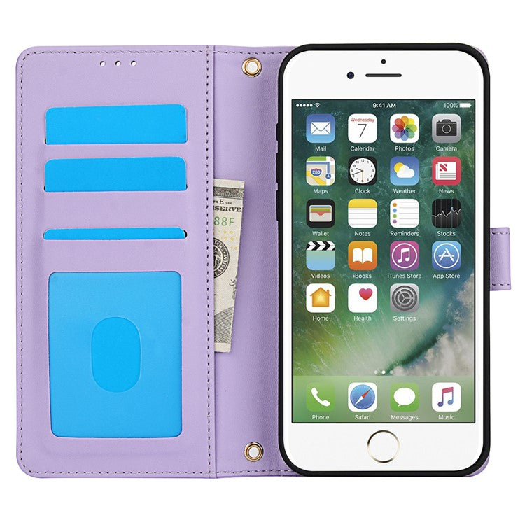 SY-003 For iPhone 16e Case PU Leather Stand View Phone Wallet Cover with Hand Strap - Purple