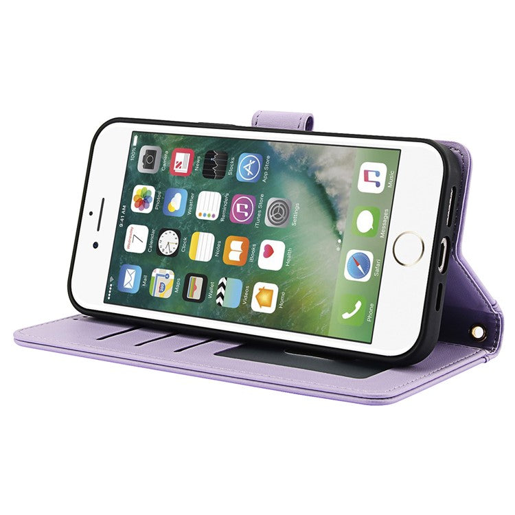 SY-003 For iPhone 16e Case PU Leather Stand View Phone Wallet Cover with Hand Strap - Purple