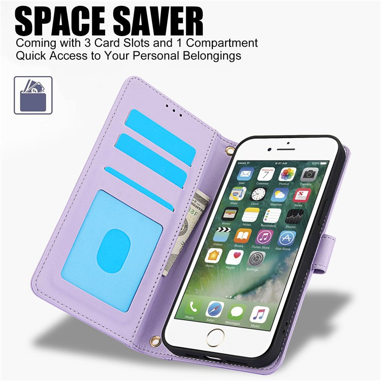 SY-003 For iPhone 16e Case PU Leather Stand View Phone Wallet Cover with Hand Strap - Purple