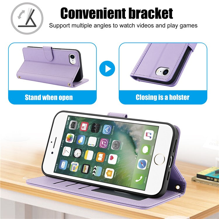 SY-003 For iPhone 16e Case PU Leather Stand View Phone Wallet Cover with Hand Strap - Purple