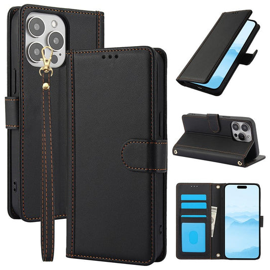 SY-003 For iPhone 16 Pro Case PU Leather Stand View Phone Wallet Cover with Hand Strap - Black