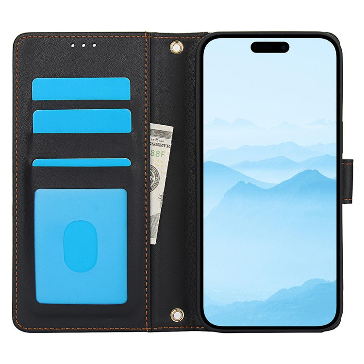 SY-003 For iPhone 16 Pro Case PU Leather Stand View Phone Wallet Cover with Hand Strap - Black