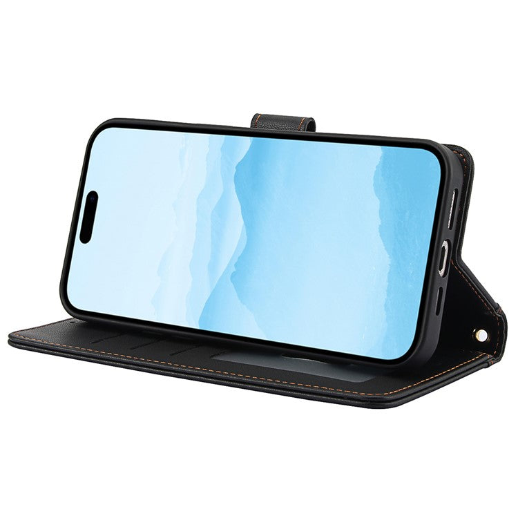 SY-003 For iPhone 16 Pro Case PU Leather Stand View Phone Wallet Cover with Hand Strap - Black
