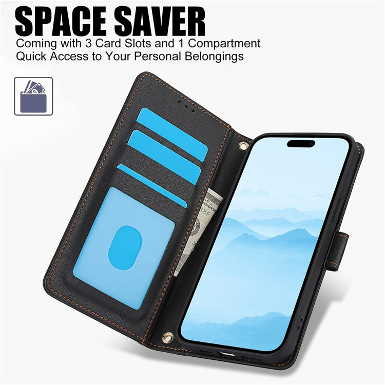 SY-003 For iPhone 16 Pro Case PU Leather Stand View Phone Wallet Cover with Hand Strap - Black