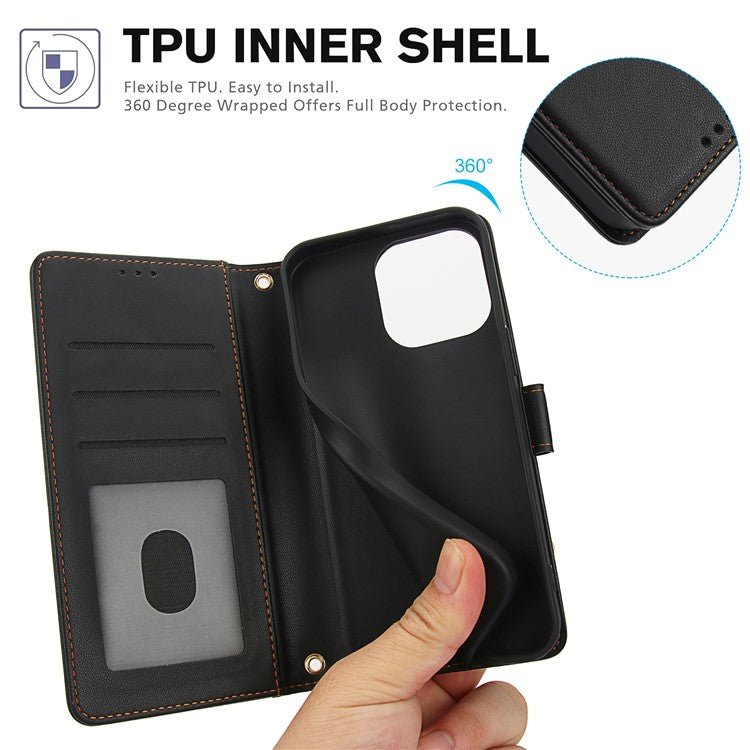 SY-003 For iPhone 16 Pro Case PU Leather Stand View Phone Wallet Cover with Hand Strap - Black