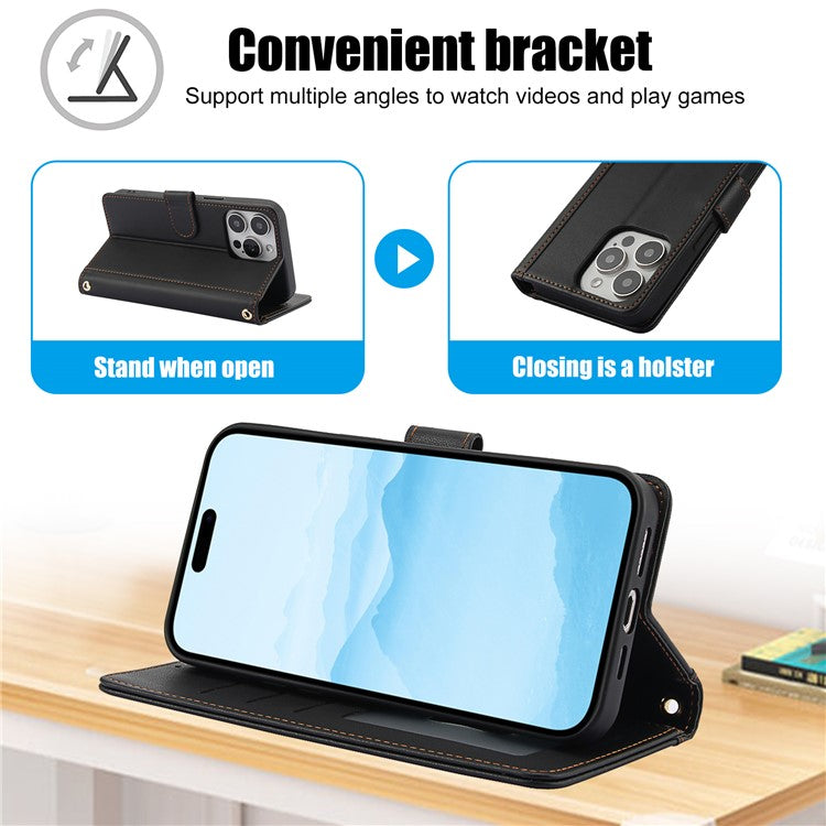 SY-003 For iPhone 16 Pro Case PU Leather Stand View Phone Wallet Cover with Hand Strap - Black