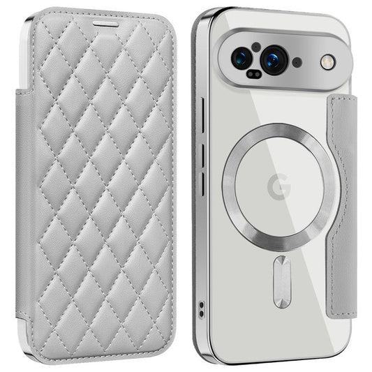 For Google Pixel 9 Case Compatible with MagSafe Rhombus PU Leather Phone Cover - Titanium Grey