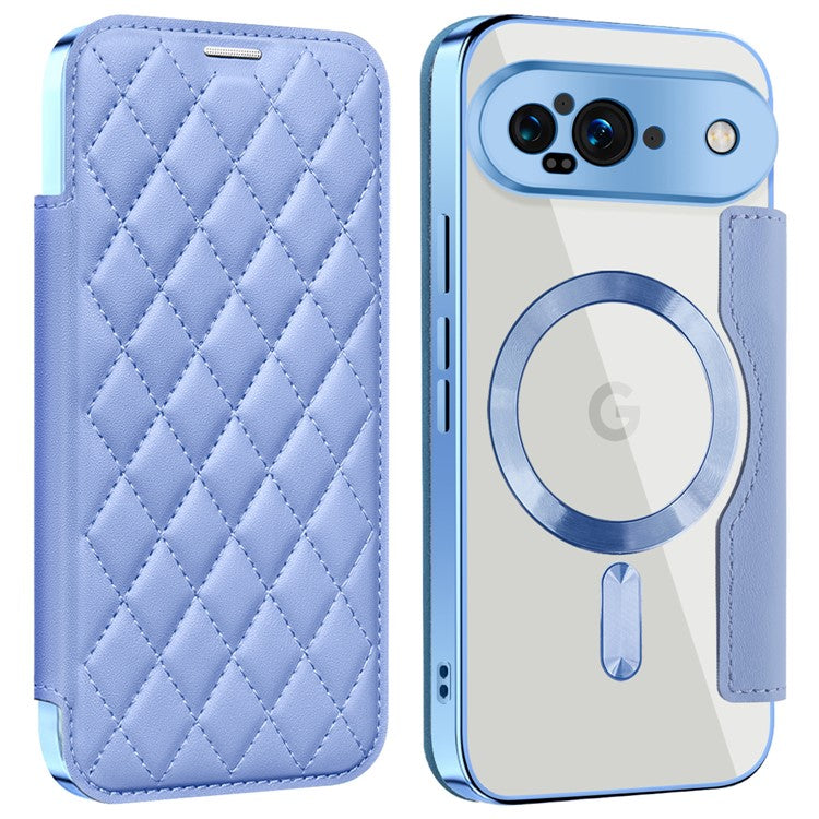 For Google Pixel 9 Case Compatible with MagSafe Rhombus PU Leather Phone Cover - Blue